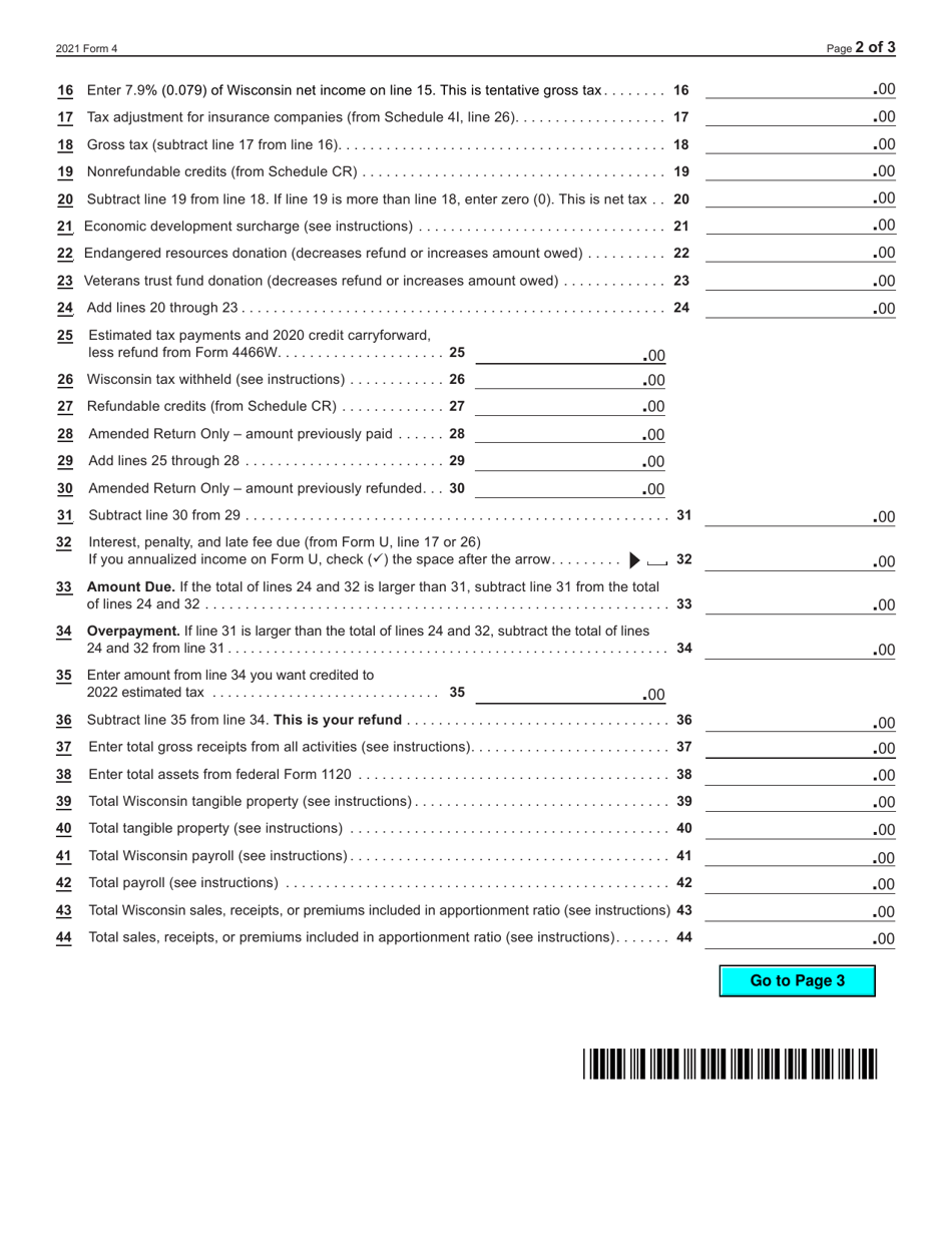 Form 4 (IC-040) Wisconsin Non-combined Corporation Franchise or Income Tax Return - Wisconsin, Page 2