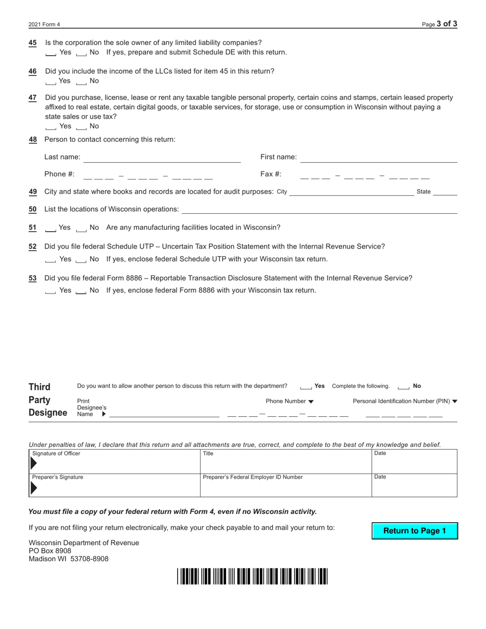 Form 4 (IC-040) Wisconsin Non-combined Corporation Franchise or Income Tax Return - Wisconsin, Page 3