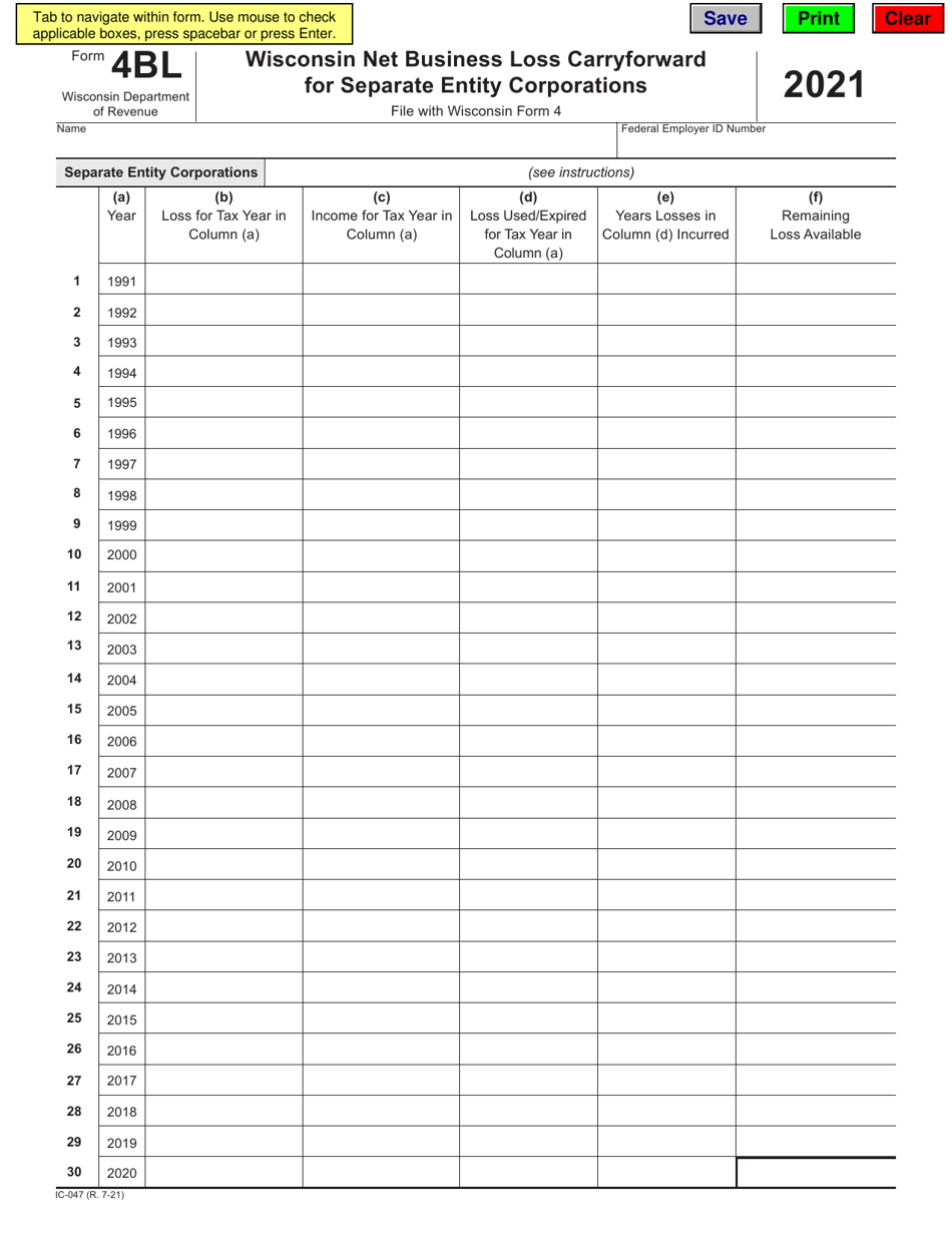 Form 4BL (IC-047) Wisconsin Net Business Loss Carryforward for Separate Entity Corporations - Wisconsin, Page 1