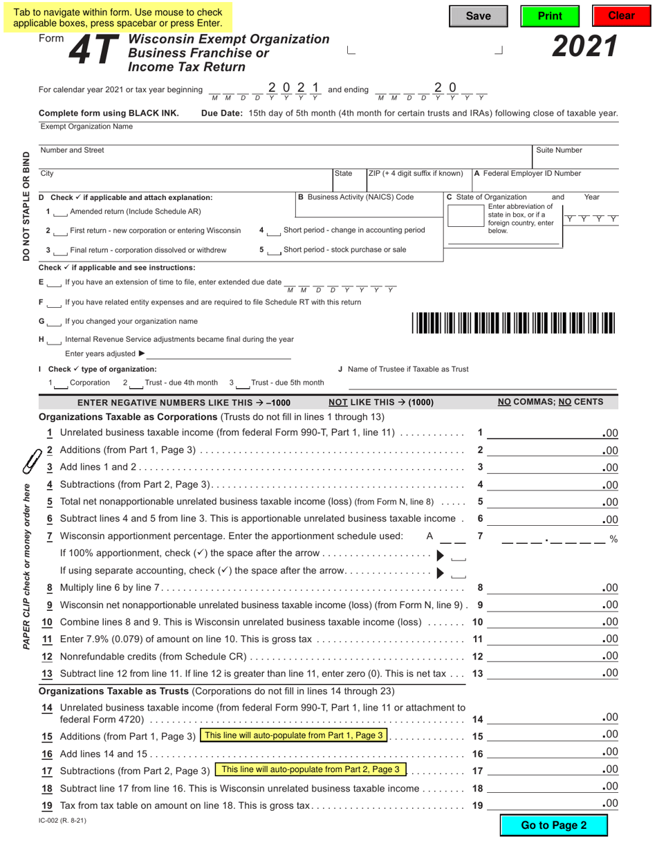 Form 4T (IC-002) Wisconsin Exempt Organization Business Franchise or Income Tax Return - Wisconsin, Page 1
