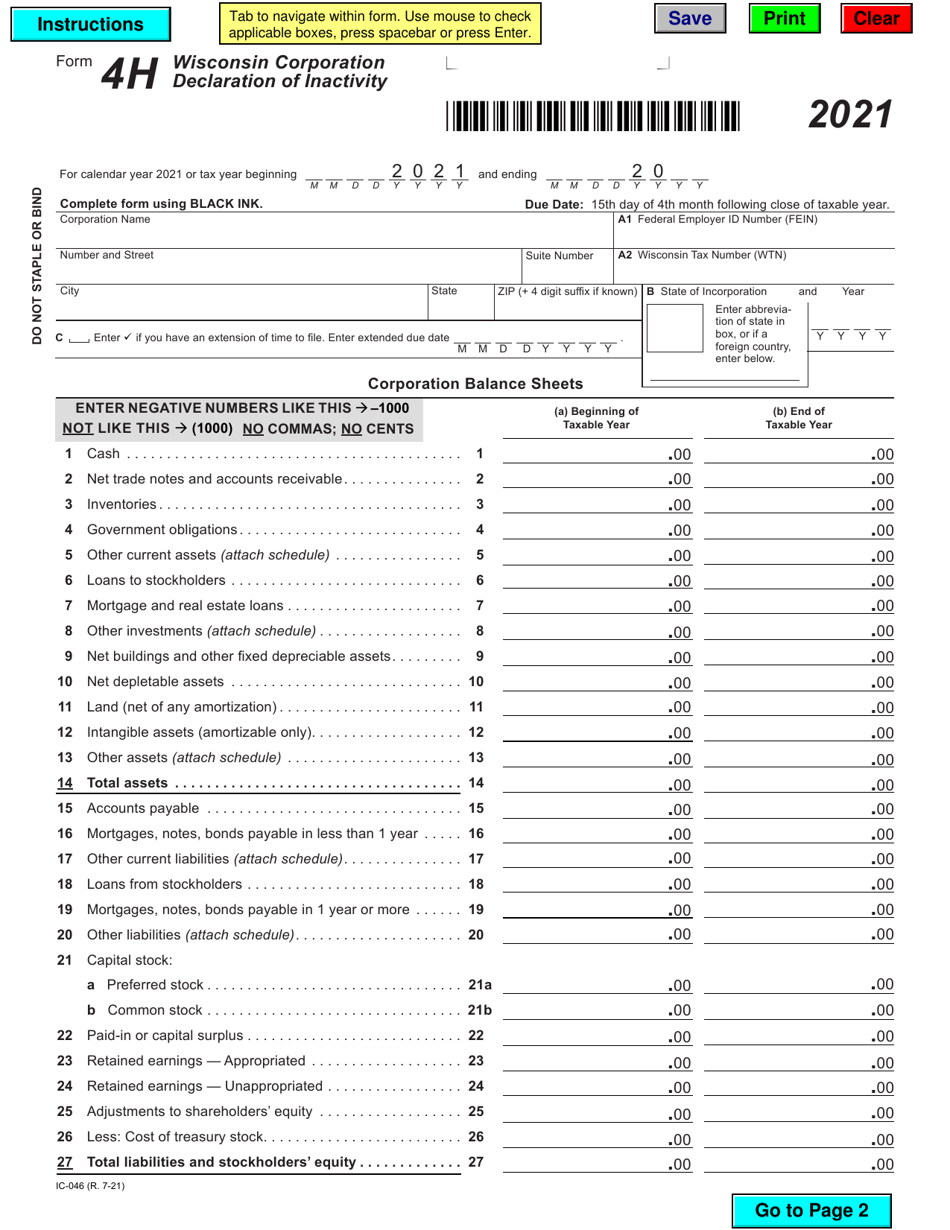 Form 4H (IC-046) Wisconsin Corporation Declaration of Inactivity - Wisconsin, Page 1