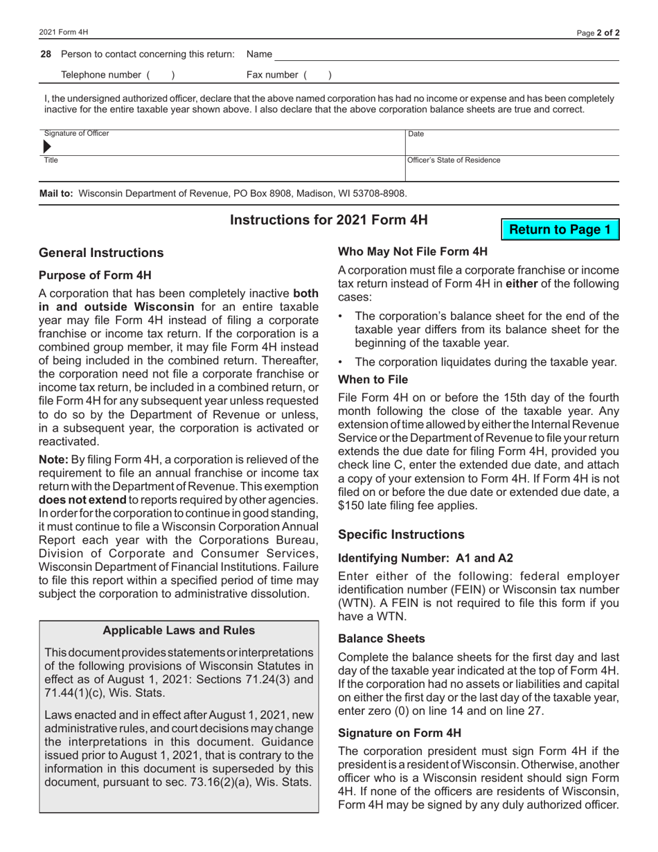 Form 4H (IC-046) Wisconsin Corporation Declaration of Inactivity - Wisconsin, Page 2