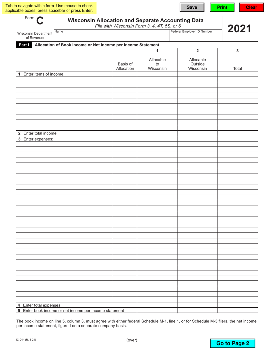 Form C (IC-044) Wisconsin Allocation and Separate Accounting Data - Wisconsin, Page 1