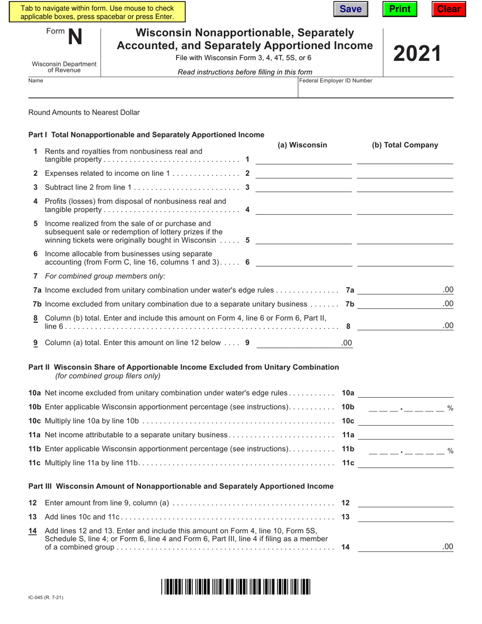 Form N (IC-045) Wisconsin Nonapportionable, Separately Accounted, and Separately Apportioned Income - Wisconsin, Page 1