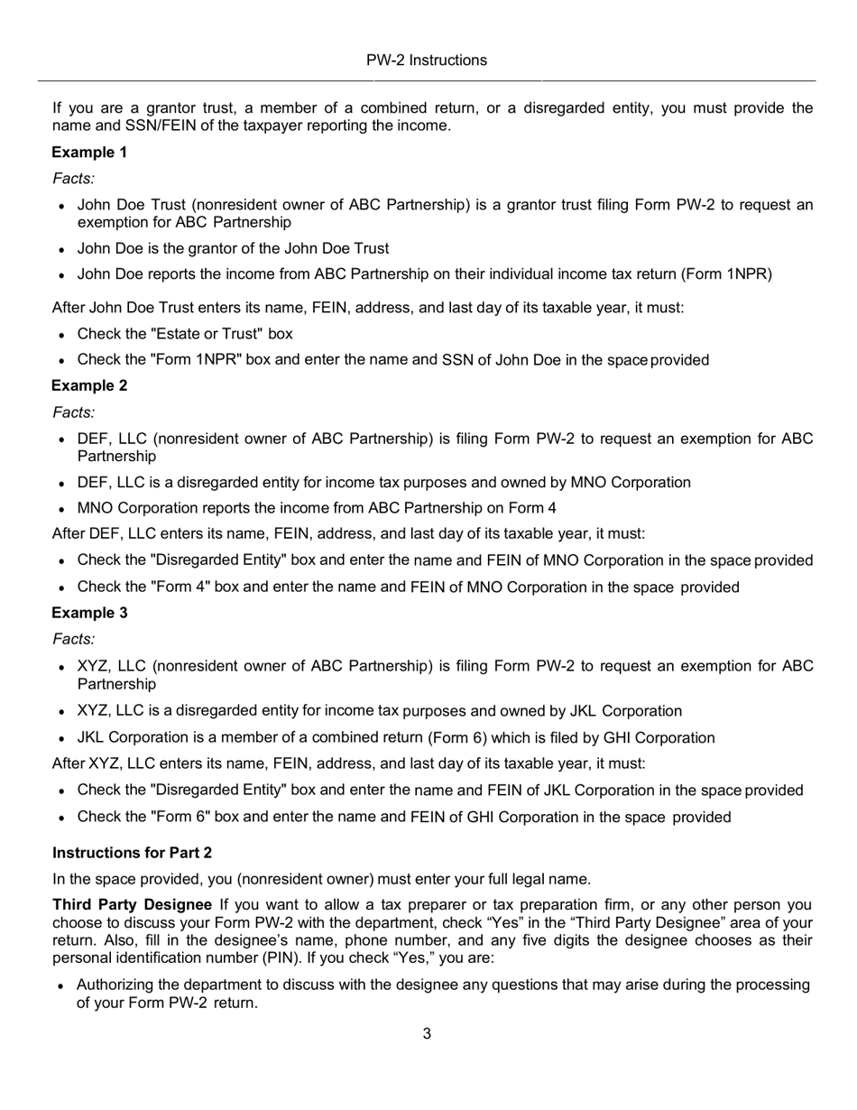 Instructions for Form PW-2, IC-005 Wisconsin Nonresident Partner, Member, Shareholder, or Beneficiary Pass-Through Withholding Exemption Affidavit - Wisconsin, Page 3