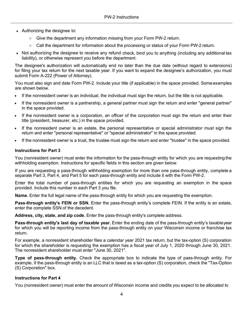 Instructions for Form PW-2, IC-005 Wisconsin Nonresident Partner, Member, Shareholder, or Beneficiary Pass-Through Withholding Exemption Affidavit - Wisconsin, Page 4