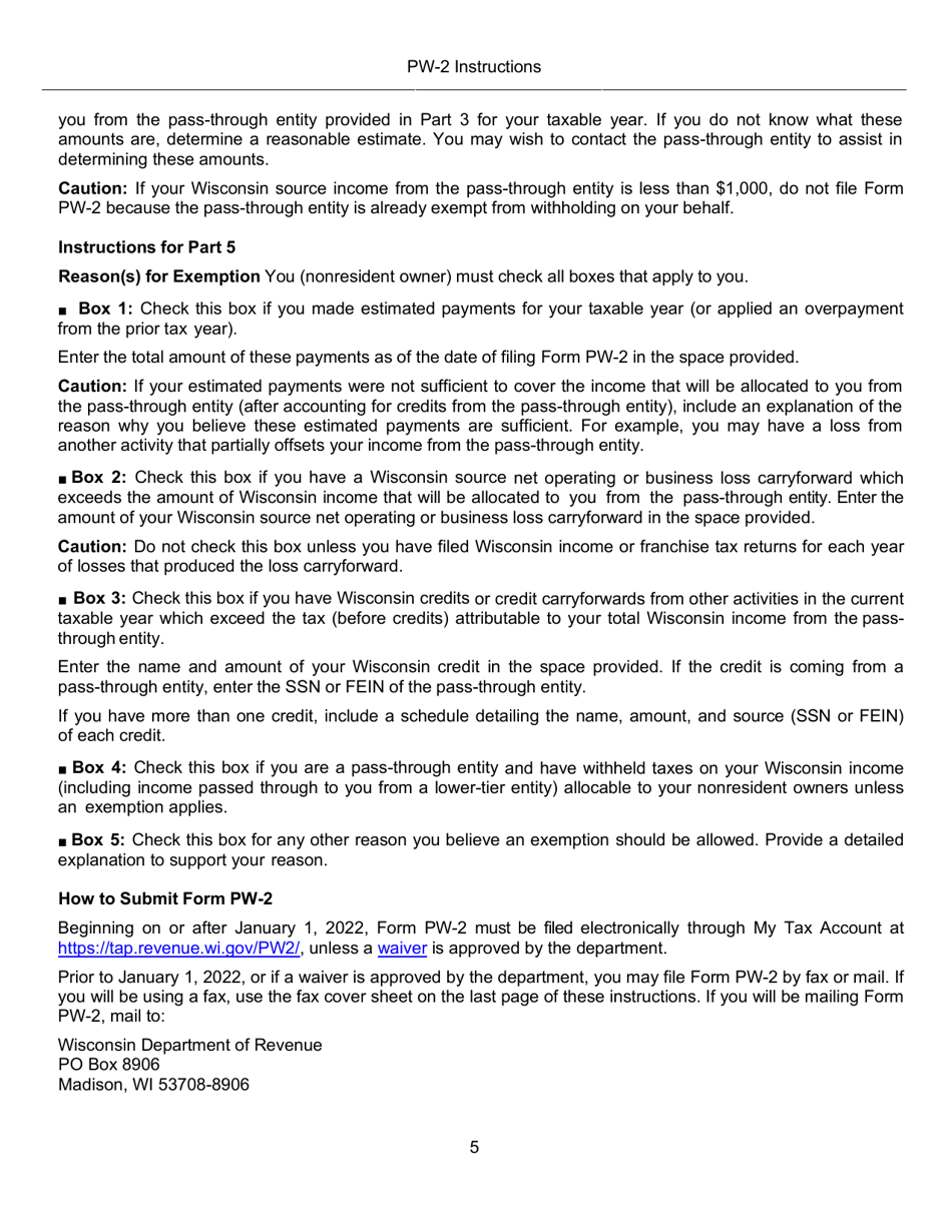 Instructions for Form PW-2, IC-005 Wisconsin Nonresident Partner, Member, Shareholder, or Beneficiary Pass-Through Withholding Exemption Affidavit - Wisconsin, Page 5