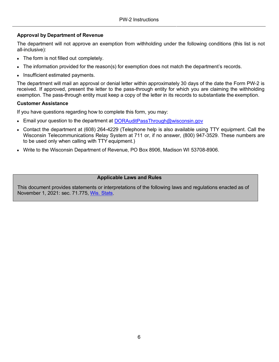 Instructions for Form PW-2, IC-005 Wisconsin Nonresident Partner, Member, Shareholder, or Beneficiary Pass-Through Withholding Exemption Affidavit - Wisconsin, Page 6