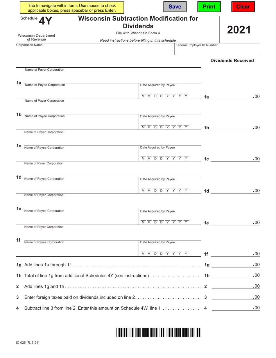 Form IC-025 Schedule 4Y Wisconsin Subtraction Modification for Dividends - Wisconsin, Page 1