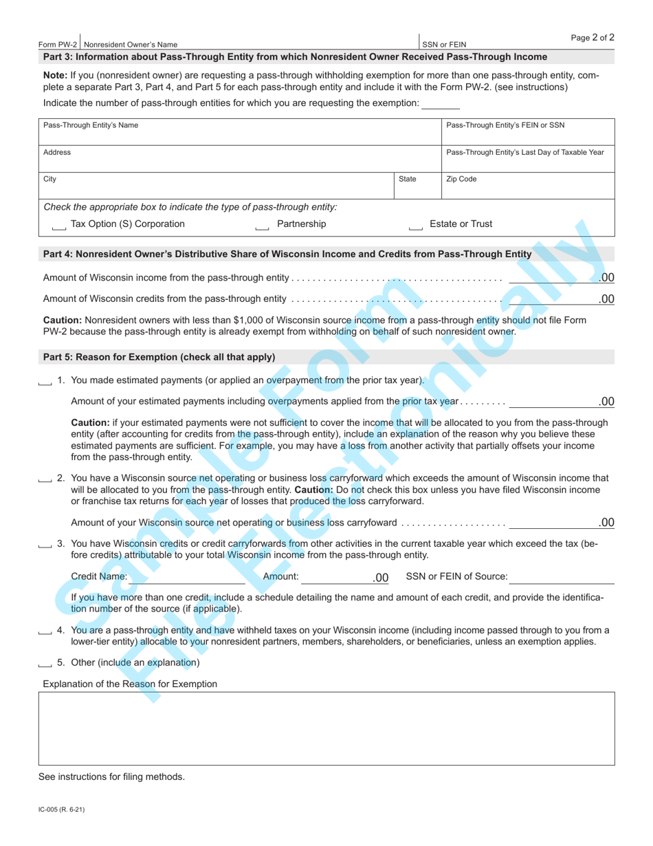 Form PW-2 (IC-005) Wisconsin Nonresident Partner, Member, Shareholder, or Beneficiary Pass-Through Withholding Exemption Affidavit - Sample - Wisconsin, Page 2