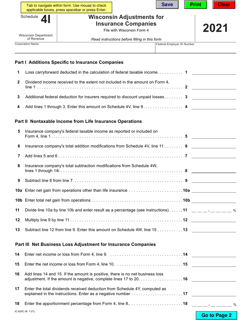 Form IC-020C Schedule 4I Wisconsin Adjustments for Insurance Companies - Wisconsin, Page 1