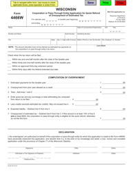 Document preview: Form 4466W (IC-831) Corporation or Pass-Through Entity Application for Quick Refund of Overpayment of Estimated Tax - Wisconsin