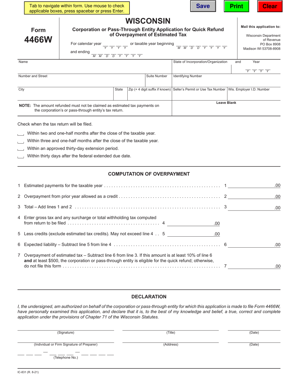 Form 4466W (IC-831) Corporation or Pass-Through Entity Application for Quick Refund of Overpayment of Estimated Tax - Wisconsin, Page 1