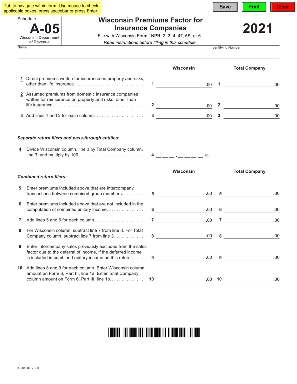 Form IC-303 Schedule A-05 Wisconsin Premiums Factor for Insurance Companies - Wisconsin, Page 1