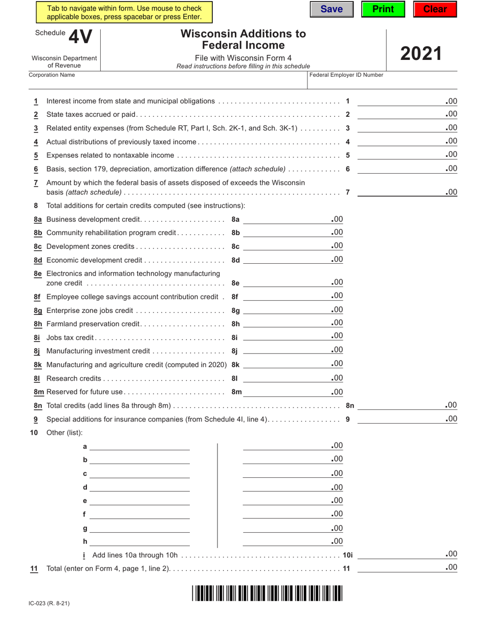 Form IC-023 Schedule 4V Wisconsin Additions to Federal Income - Wisconsin, Page 1