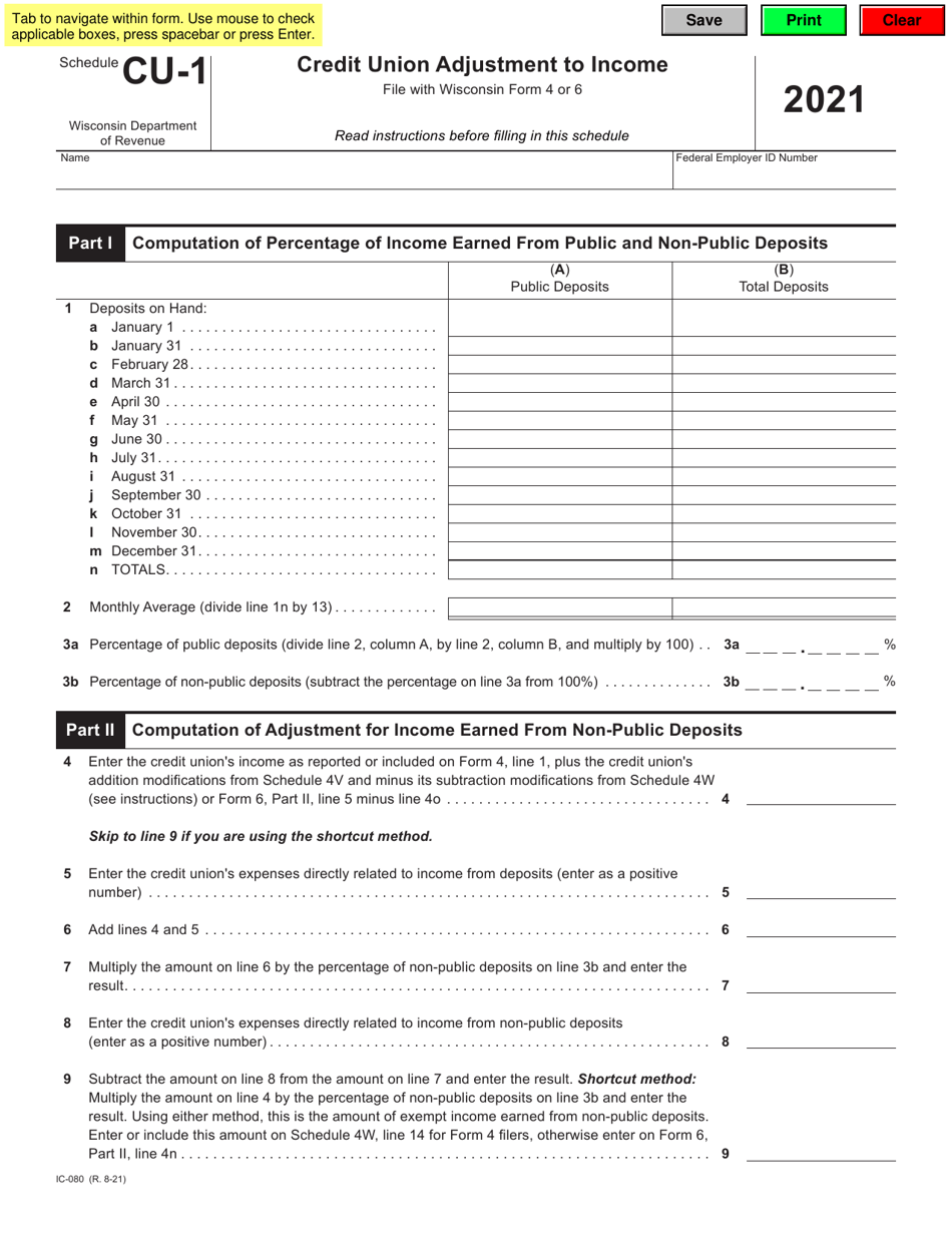 Form IC-080 Schedule CU-1 Credit Union Adjustment to Income - Wisconsin, Page 1