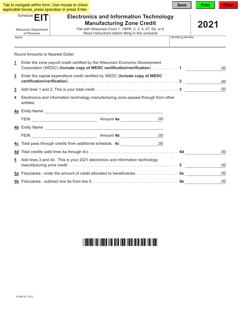 Form IC-834 Schedule EIT Electronics and Information Technology Manufacturing Zone Credit - Wisconsin, Page 1