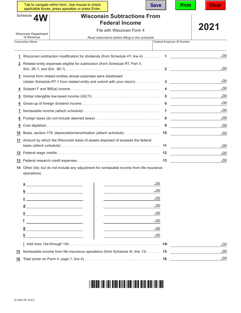 Form IC024 Schedule 4W Download Fillable PDF or Fill Online Wisconsin