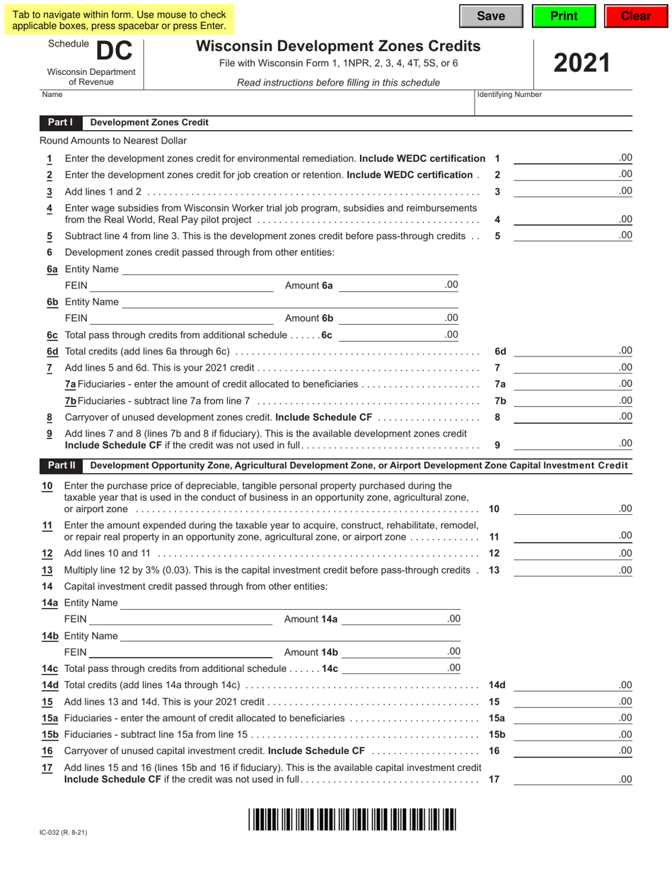 Form IC-032 Schedule DC Wisconsin Development Zones Credits - Wisconsin, Page 1