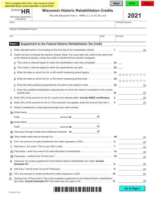 Form IC-034 Schedule HR 2021 Printable Pdf