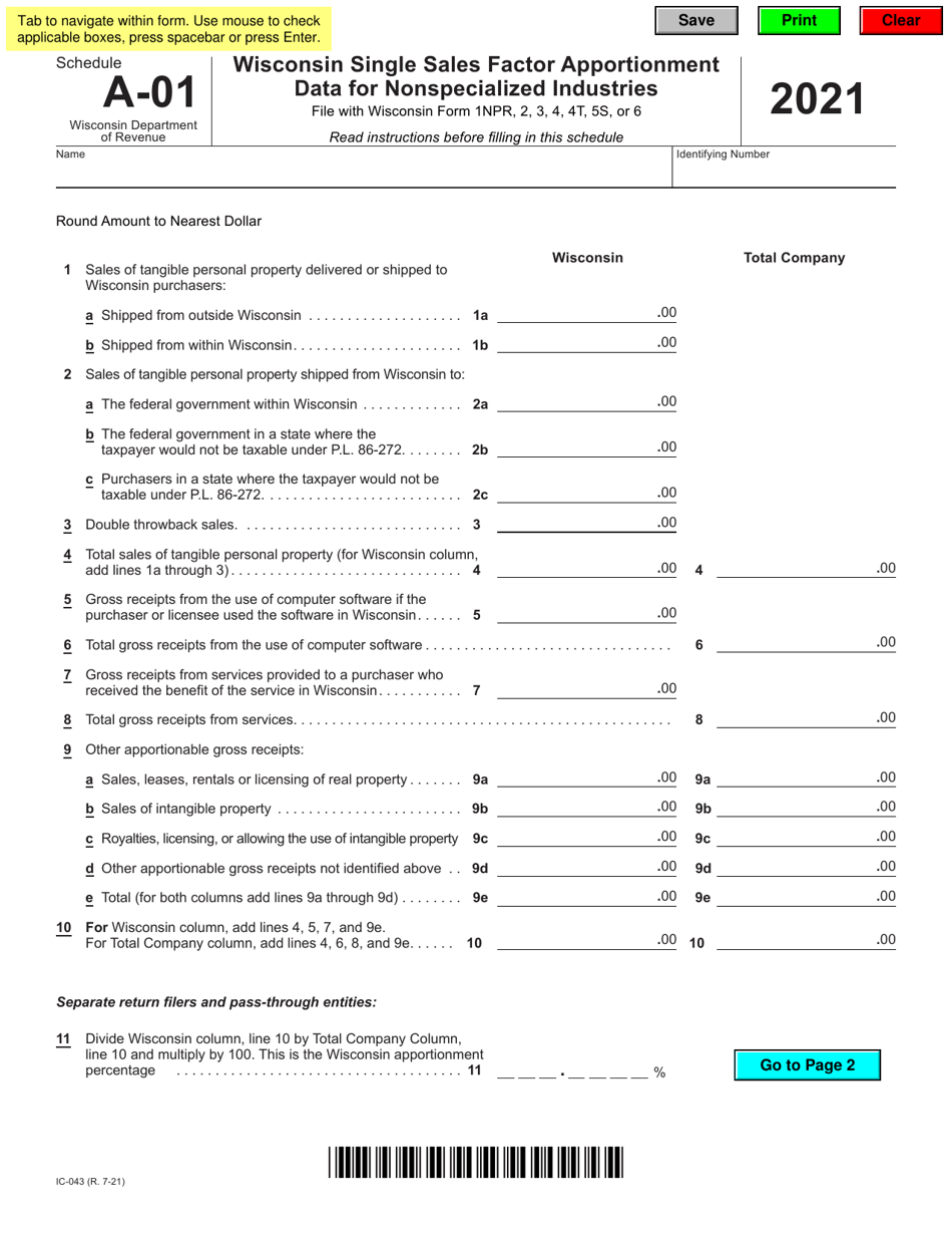 Form IC-043 Schedule A-01 Wisconsin Single Sales Factor Apportionment Data for Nonspecialized Industries - Wisconsin, Page 1