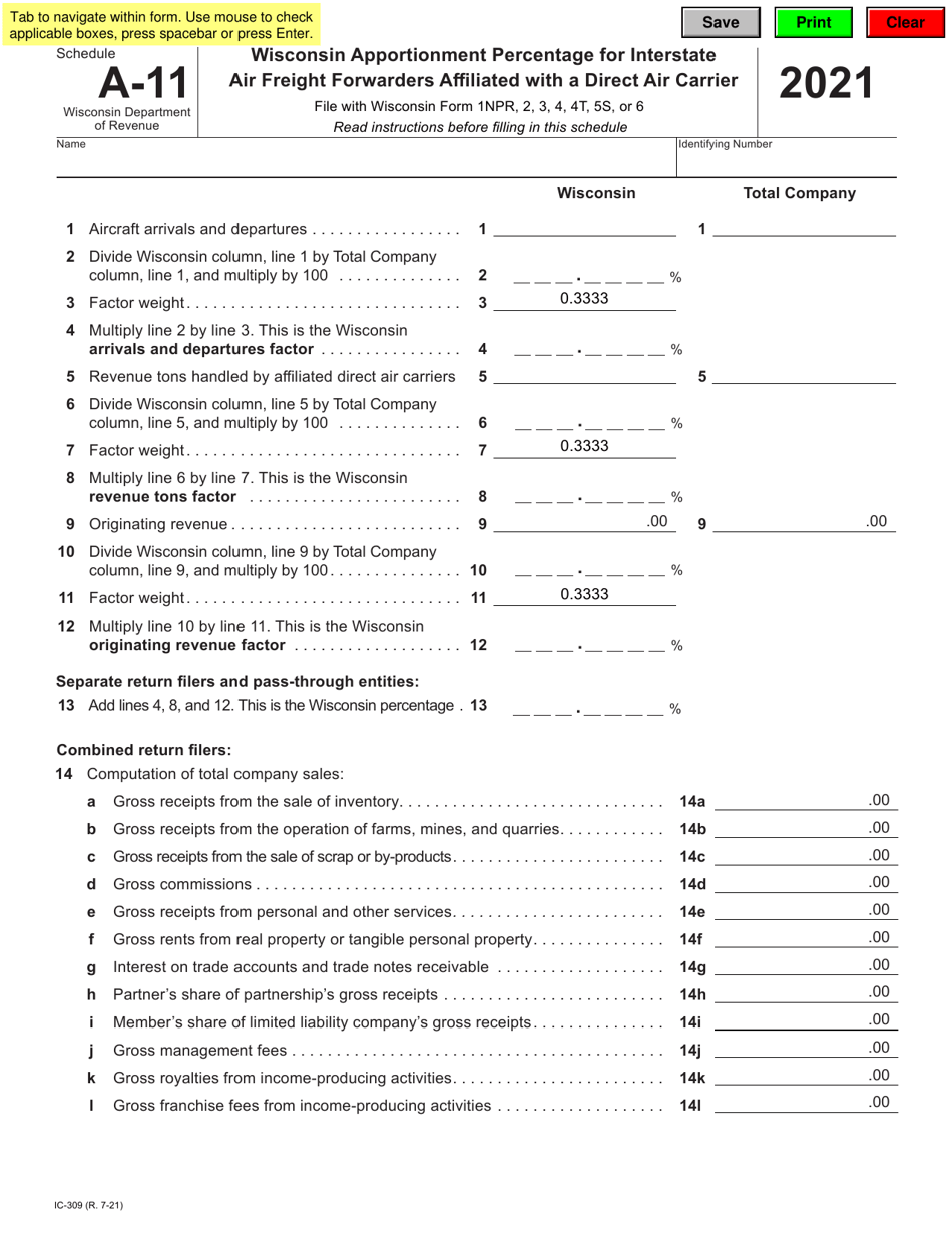 Form IC-309 Schedule A-11 Wisconsin Apportionment Percentage for Interstate Air Freight Forwarders Affiliated With a Direct Air Carrier - Wisconsin, Page 1