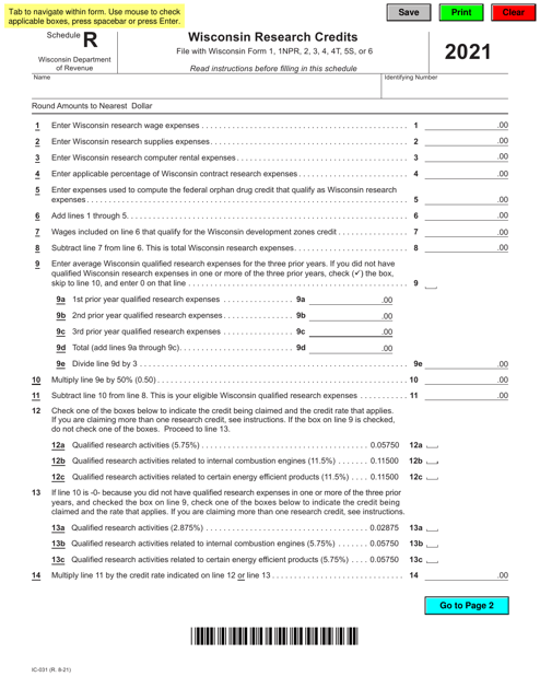 Form IC-031 Schedule R 2021 Printable Pdf