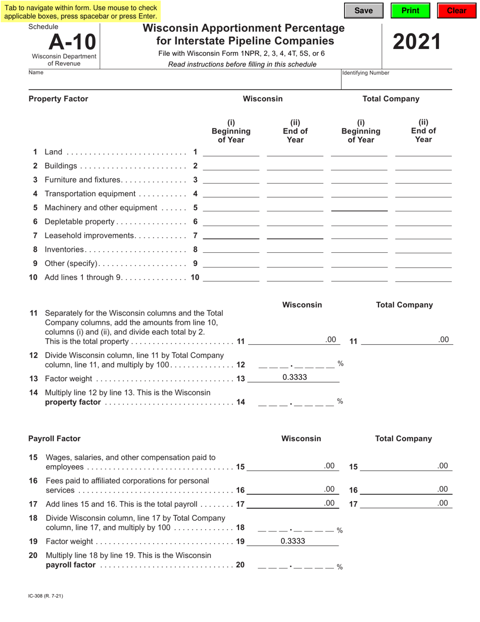 Form IC-308 Schedule A-10 Wisconsin Apportionment Percentage for Interstate Pipeline Companies - Wisconsin, Page 1