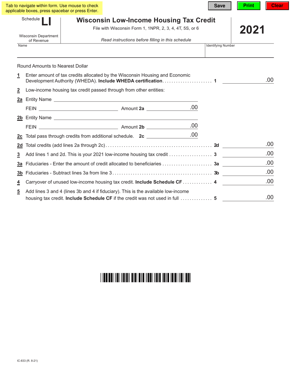 Form IC-833 Schedule LI Wisconsin Low-Income Housing Tax Credit - Wisconsin, Page 1