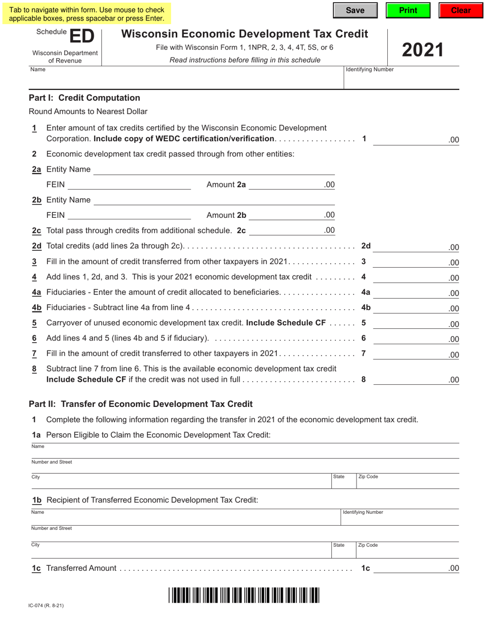 Form IC-074 Schedule ED Wisconsin Economic Development Tax Credit - Wisconsin, Page 1