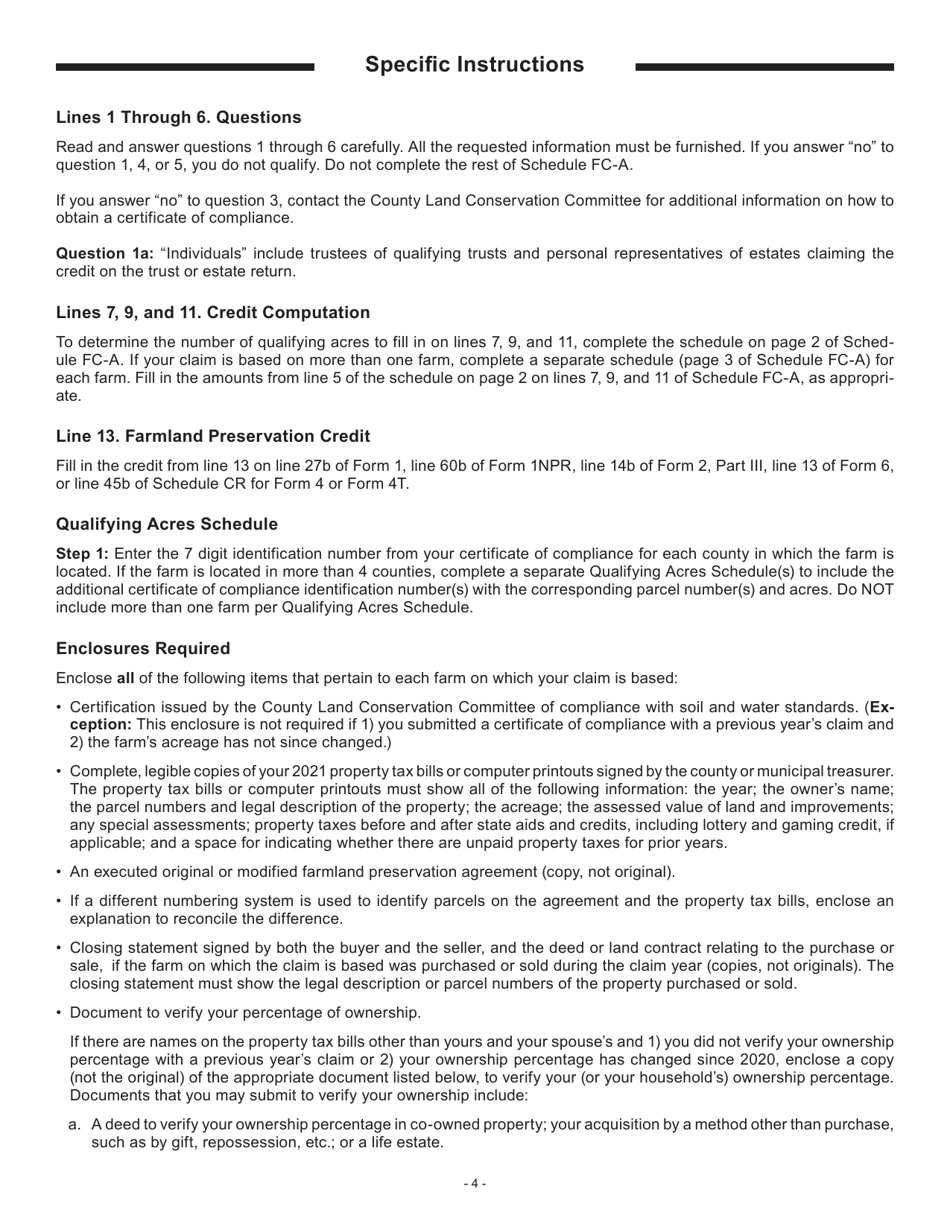 Instructions for Form IC-025AI Schedule FC-A Farmland Preservation Credit - Wisconsin, Page 4