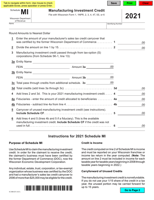 Form IC-068 Schedule MI 2021 Printable Pdf