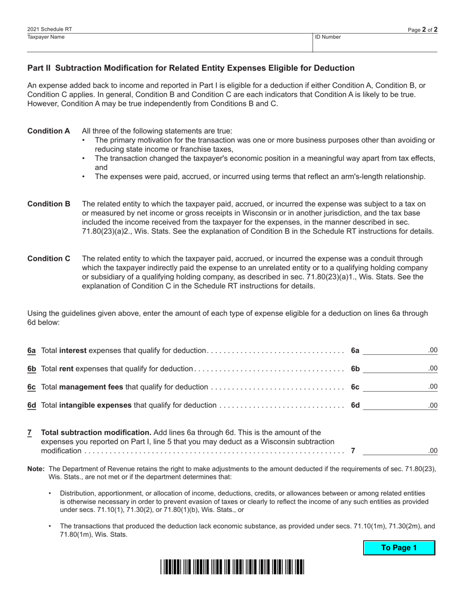Form IC-075 Schedule RT Wisconsin Related Entity Expenses Disclosure Statement - Wisconsin, Page 2