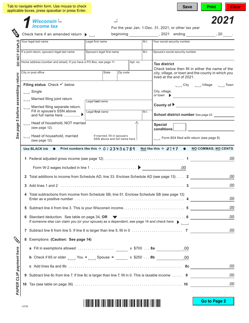 Form 1 (I-010I) Wisconsin Income Tax - Wisconsin, Page 1