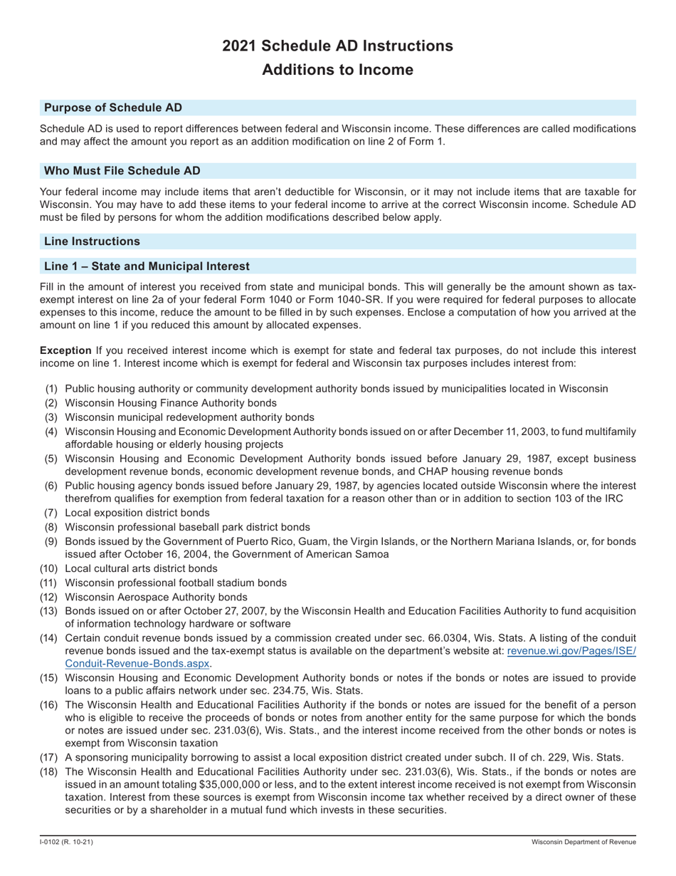 Instructions for Form 1, I-0101 Schedule AD Additions to Income - Wisconsin, Page 1