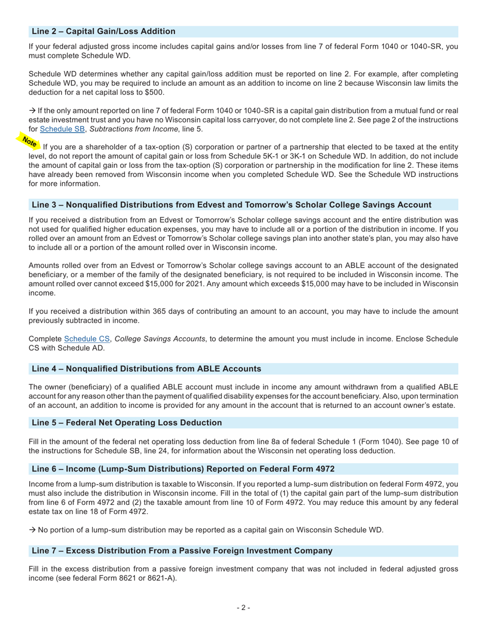 Instructions for Form 1, I-0101 Schedule AD Additions to Income - Wisconsin, Page 2