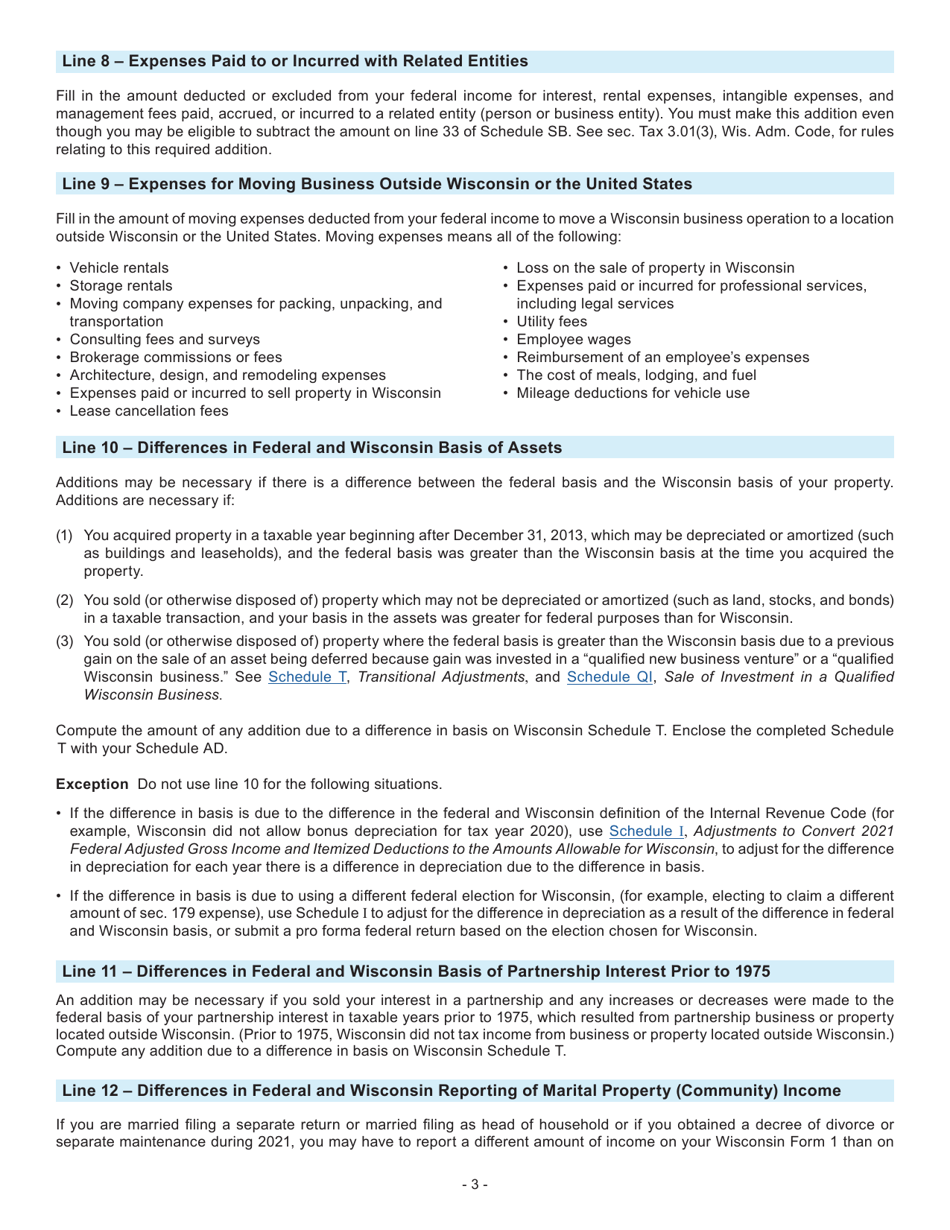 Instructions for Form 1, I-0101 Schedule AD Additions to Income - Wisconsin, Page 3