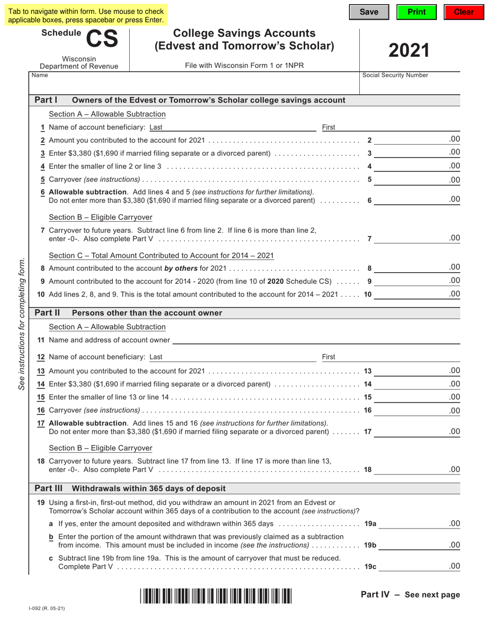 Form I-092 Schedule CS College Savings Accounts (Edvest and Tomorrows Scholar) - Wisconsin, Page 1