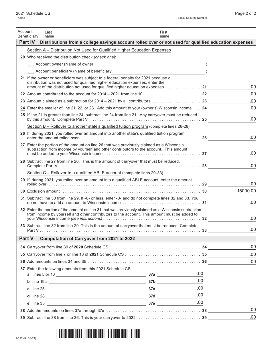 Form I-092 Schedule CS College Savings Accounts (Edvest and Tomorrows Scholar) - Wisconsin, Page 2