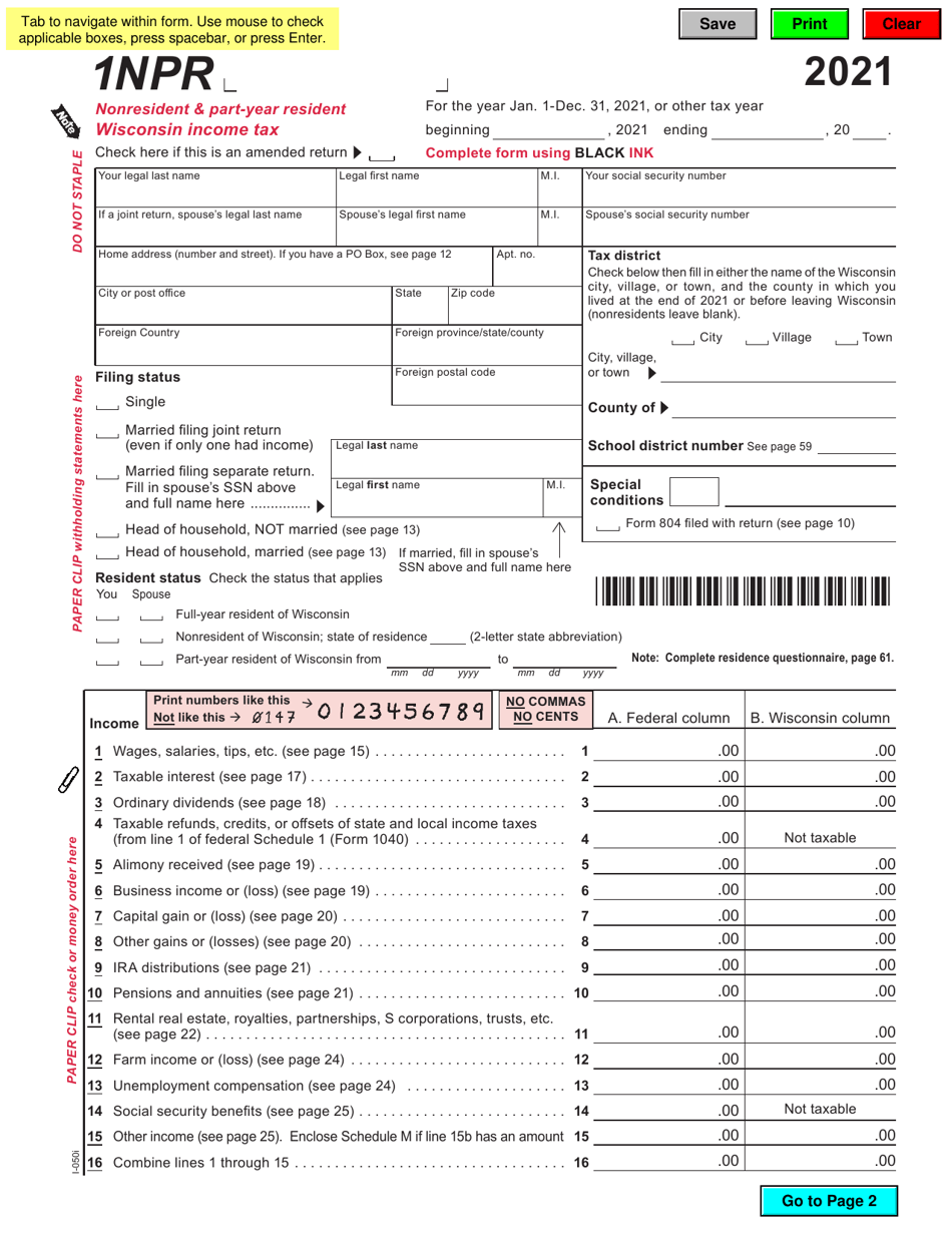 Form 1NPR (I-050I) Nonresident  Part-Year Resident Wisconsin Income Tax - Wisconsin, Page 1