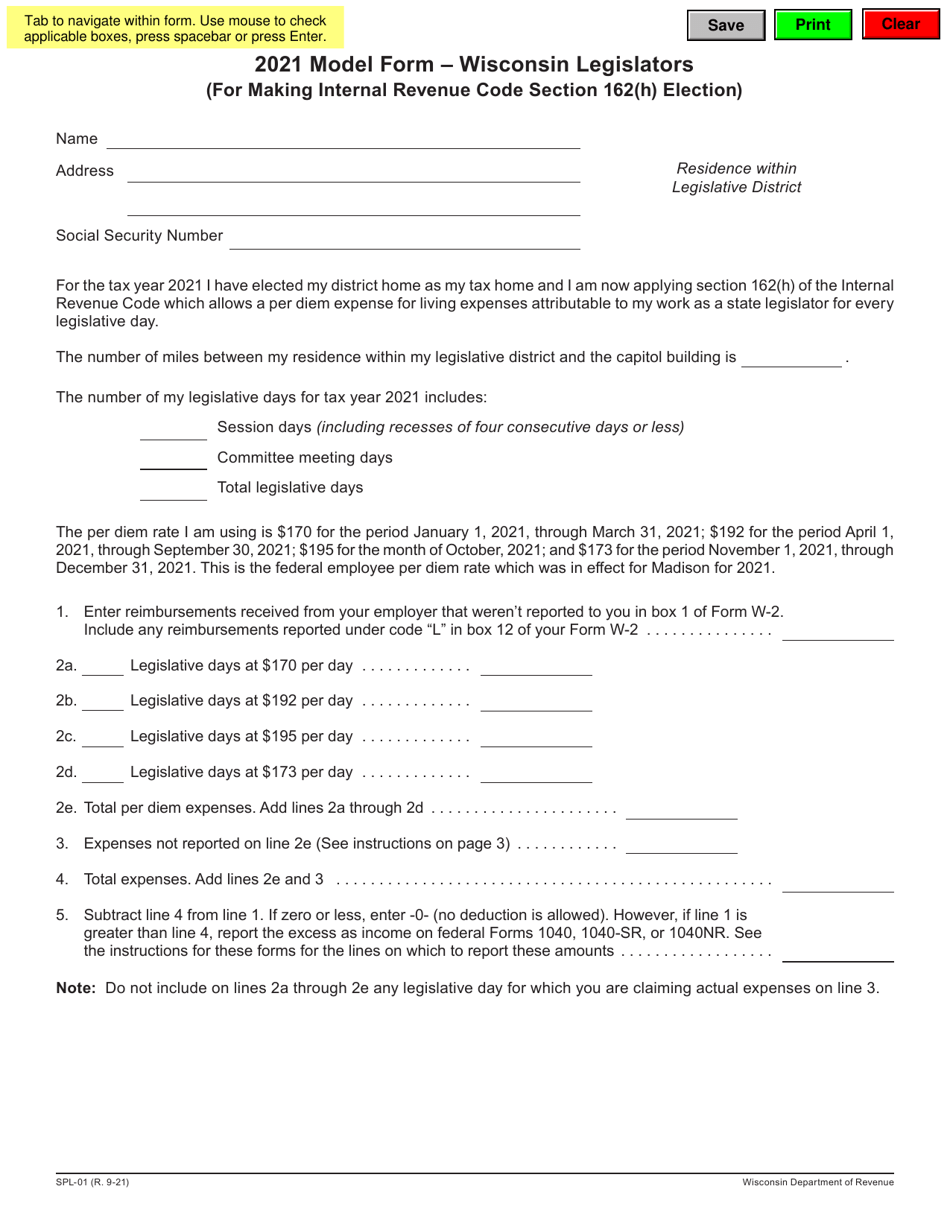 Form SPL-01 Model Form - Wisconsin Legislators (For Making Internal Revenue Code Section 162(H) Election) - Wisconsin, Page 1