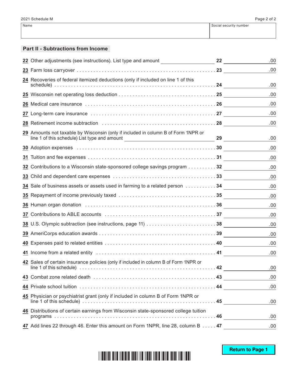 Form I-053 Schedule M Additions to and Subtractions From Income - Wisconsin, Page 2