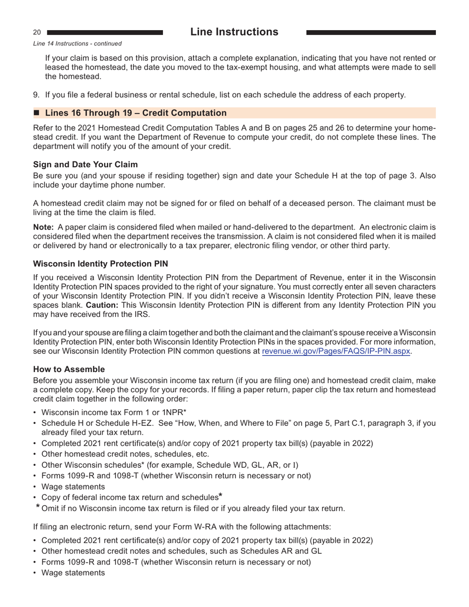 Instructions for Form I-015, I-016 Schedule H, H-EZ - Wisconsin, Page 20