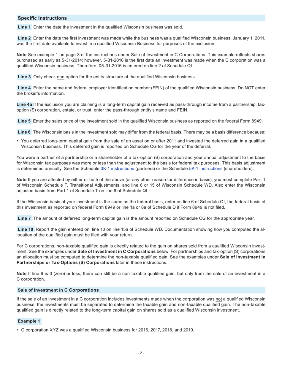Instructions for Form I-077 Schedule QI Sale of Investment in a Qualified Wisconsin Business - Wisconsin, Page 2