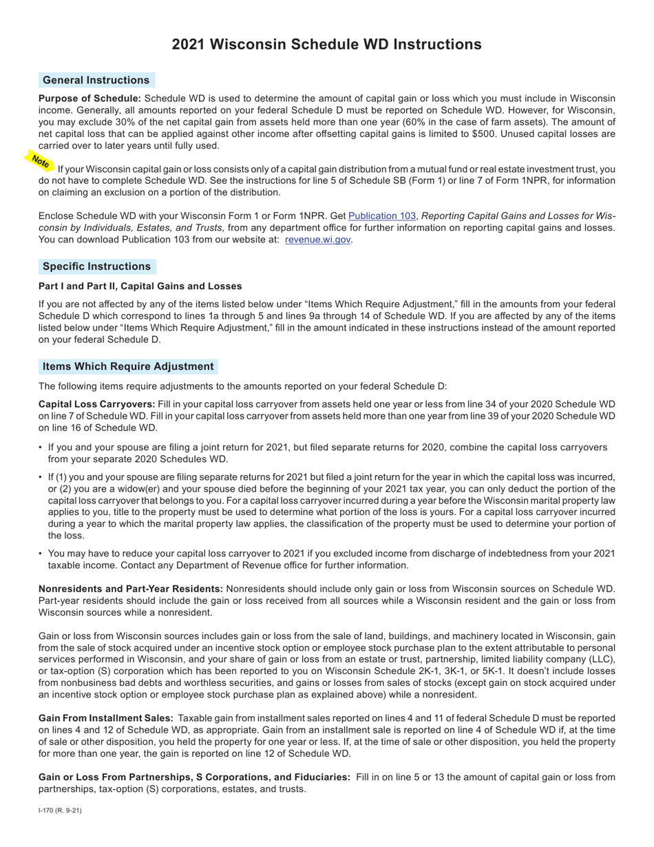 Download Instructions for Form I170 Schedule WD Capital Gains and