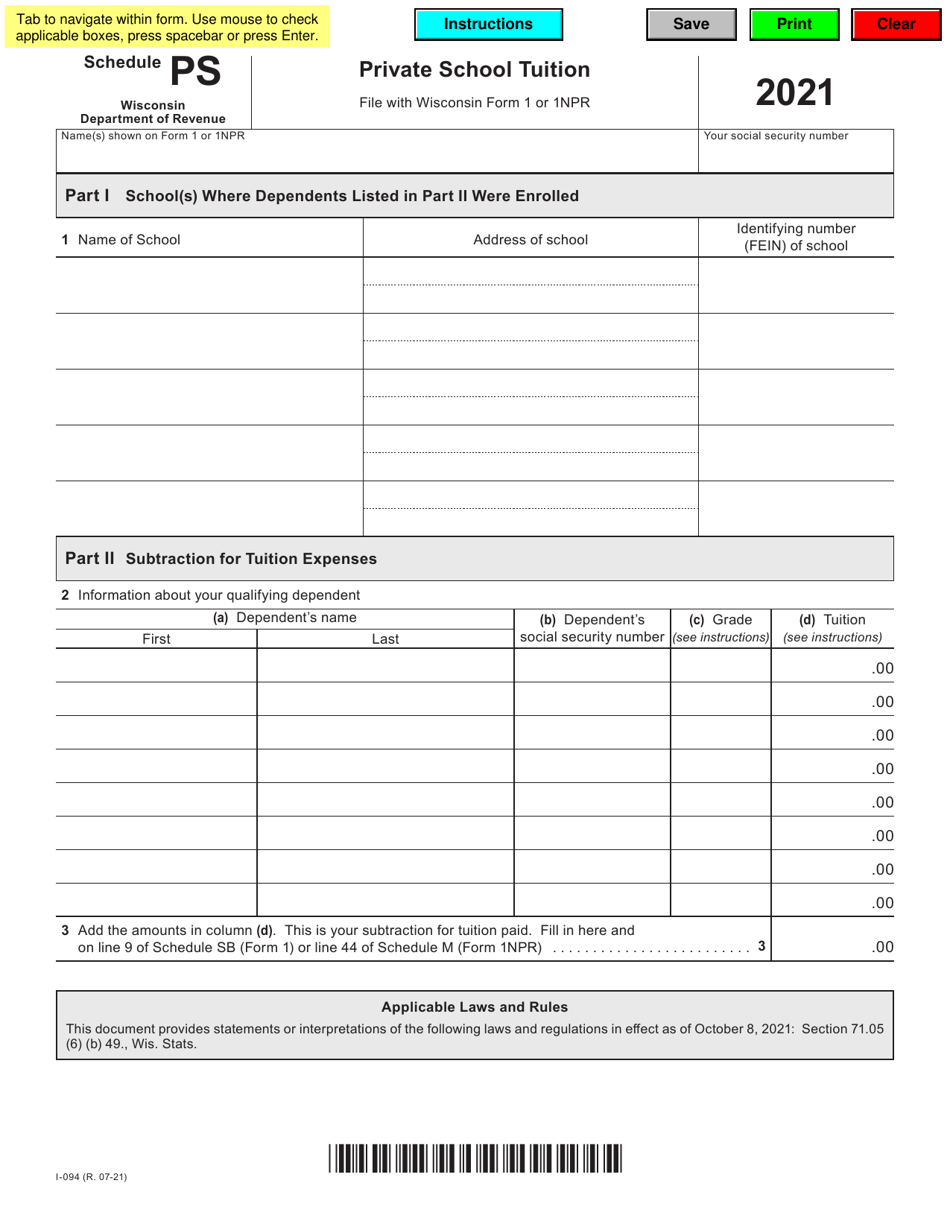 Form I-094 Schedule PS Private School Tuition - Wisconsin, Page 1