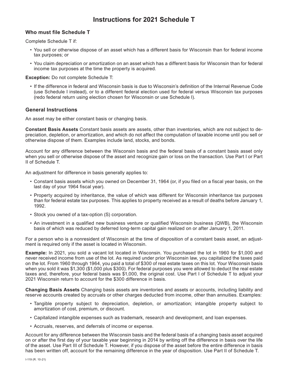 Instructions for Form I-019 Schedule T Transitional Adjustments - Wisconsin, Page 1