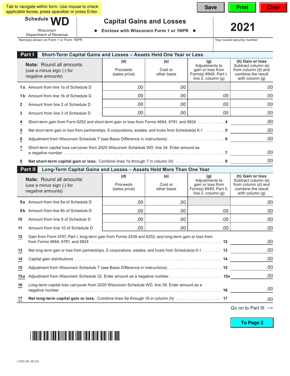 Form I-070 Schedule WD Capital Gains and Losses - Wisconsin, Page 1