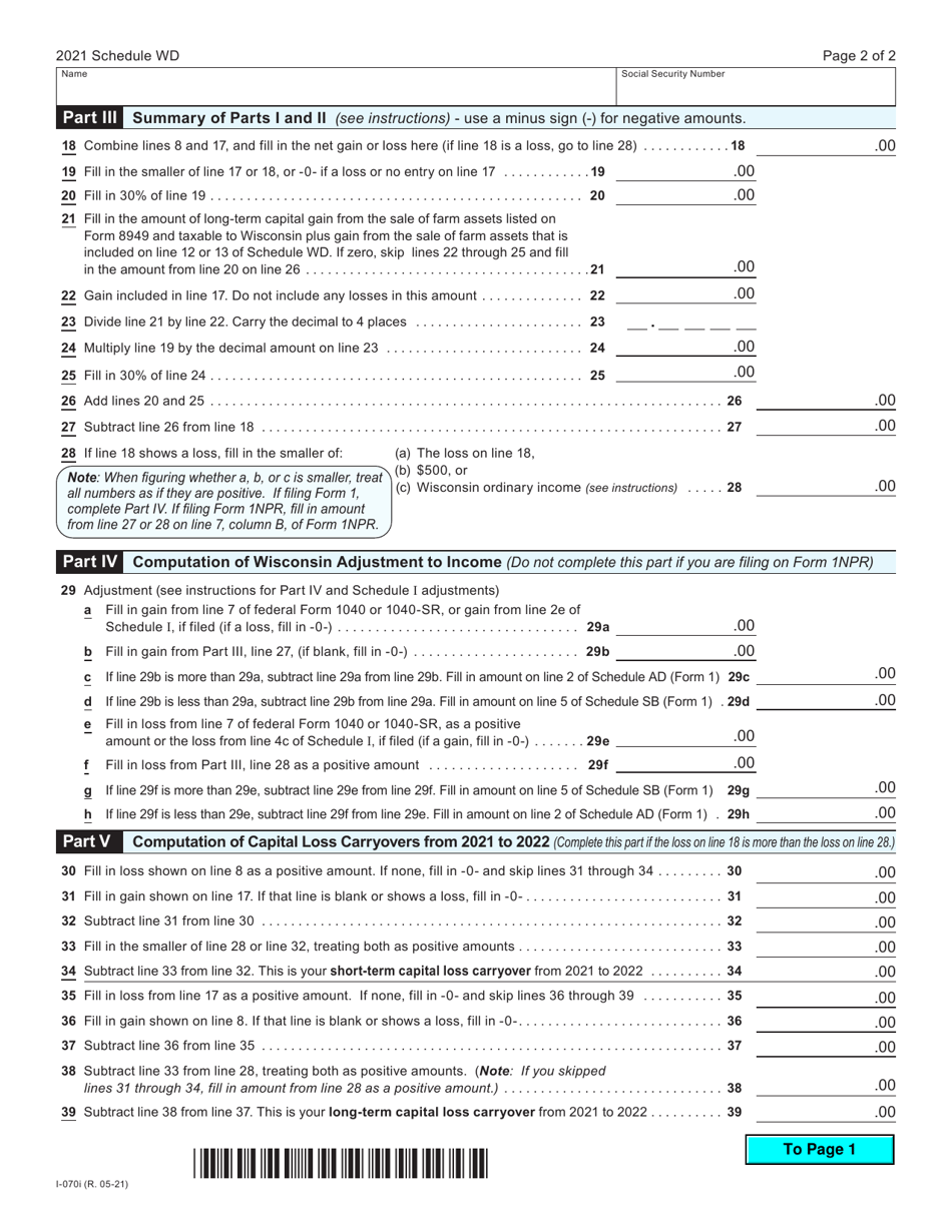 Form I-070 Schedule WD Capital Gains and Losses - Wisconsin, Page 2