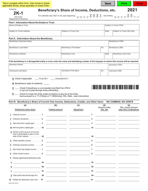 Form I-021 Schedule 2K-1 2021 Printable Pdf